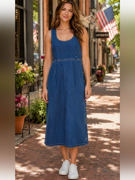 J.L.N.Y Dresses & Skirts - J.L. N.Y. Vintage Denim Maxi Overall Dress Size Large, Button Side 100% Cotton